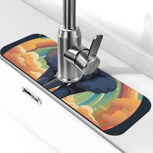 Niedlicher Elefanten-Regenbogen-Wasserhahn-Matte für Küchenspüle, super saugfähig, Spritzfänger, Kieselgur, schnell trocknender Stein, Wasserhahngriff, Tropffänger-Tablett, Matte für Badezimmer von WLKSNBVD