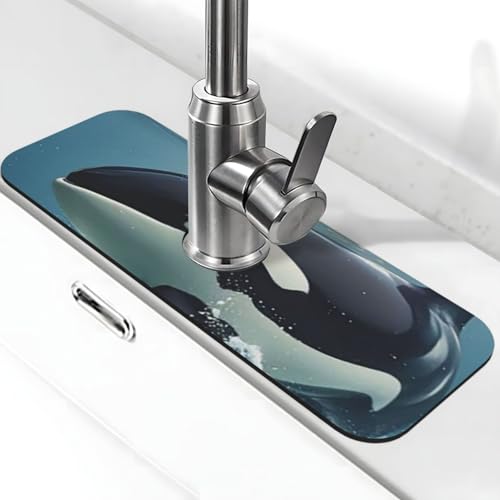 Orca Killer-Wal-Wasserhahn-Matte für Küchenspüle, super saugfähig, Spritzfänger, Kieselgur, schnell trocknend, Stein-Wasserhahn-Griff, Tropffänger-Tablett, Matte für Badezimmer, Waschbecken von WLKSNBVD