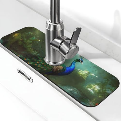 Pfauen-Wasserhahn-Matte für Küchenspüle, super saugfähig, Spritzfänger, Kieselgur, schnell trocknend, Stein, Wasserhahngriff, Tropffänger-Tablett, Matte für Badezimmer, Waschbecken, Trockenpad, 38,1 x von WLKSNBVD