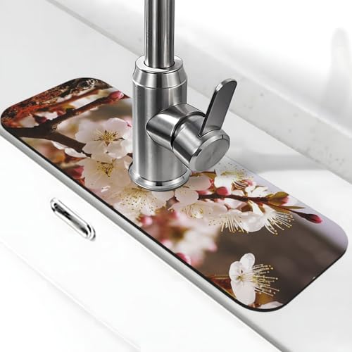 Pflaumenbaumblüten-Wasserhahn-Matte für Küchenspüle, super saugfähig, Spritzfänger, Kieselgur, schnell trocknend, Stein, Wasserhahngriff, Tropffänger-Tablett, Matte für Badezimmer, Waschbecken von WLKSNBVD