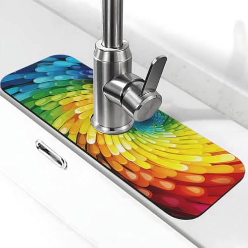 Regenbogen-Wirbel-Wasserhahn-Matte für Küchenspüle, super saugfähig, Spritzfänger, Kieselgur, schnell trocknender Stein, Wasserhahngriff, Tropffänger-Tablett, Matte für Badezimmer, Waschbecken von WLKSNBVD