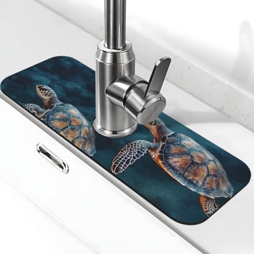 Schildkröte schwimmen im Meer, Wasserhahnmatte für Küchenspüle, super saugfähig, Spritzfänger, Kieselgur, schnell trocknender Stein, Wasserhahngriff, Tropffänger-Tablett, Matte für Badezimmer von WLKSNBVD