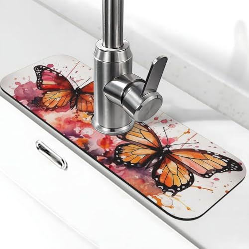 Schmetterlings-Wasserhahn-Matte für Küchenspüle, super saugfähig, Spritzfänger, Kieselgur, schnell trocknend, Stein, Wasserhahngriff, Tropffänger-Tablett, Matte für Badezimmer, Waschbecken, Trockenpad von WLKSNBVD