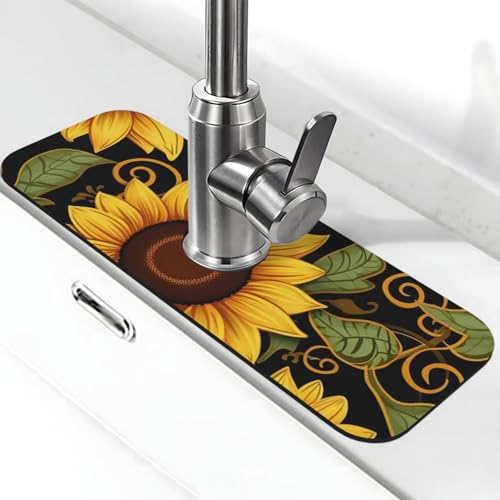Schöne Sonnenblumen-Wasserhahn-Matte für Küchenspüle, super saugfähig, Spritzfänger, Kieselgur, schnell trocknend, Stein, Wasserhahngriff, Tropffänger-Tablett, Matte für Badezimmer, Waschbecken von WLKSNBVD