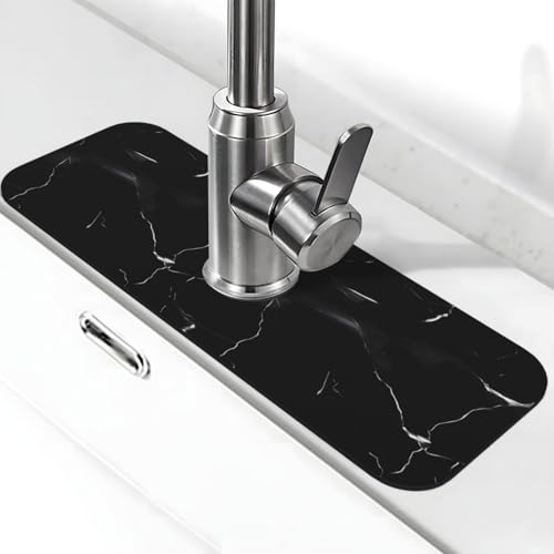 Schwarze Marmor-Wasserhahnmatte für Küchenspüle, super saugfähig, Spritzfänger, Kieselgur, schnell trocknend, Steinhahngriff, Tropffänger-Tablett, Matte für Badezimmer, Waschbecken, Trockenpad, 38,1 x von WLKSNBVD