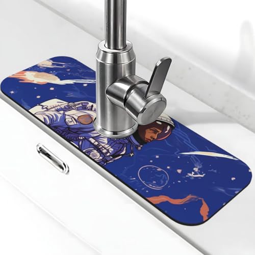 Schwarzer Astronaut auf blauem Wasserhahn, Matte für Küchenspüle, super saugfähig, Spritzfänger, Kieselgur, schnell trocknender Stein, Wasserhahngriff, Tropffänger-Tablett, Matte für Badezimmer von WLKSNBVD