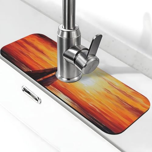 Sunset Segelboot-Wasserhahnmatte für Küchenspüle, super saugfähig, Spritzfänger, Kieselgur, schnell trocknender Stein, Wasserhahngriff, Tropffänger-Tablett, Matte für Badezimmer, Waschbecken von WLKSNBVD