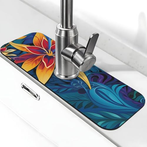 Tropische Blätter-Wasserhahnmatte für Küchenspüle, super saugfähig, Spritzfänger, Kieselgur, schnell trocknend, Stein, Wasserhahngriff, Tropffänger-Tablett, Matte für Badezimmer, Waschbecken von WLKSNBVD