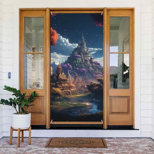 Türabdeckung Fantasy Town Türbanner Willkommens-Türdekoration Hofbanner Schild Foto Hintergrund Veranda Banner Frühling Sommer saisonale Party Dekor Indoor Outdoor Türvorhang 80 x 183 cm von WLKSNBVD