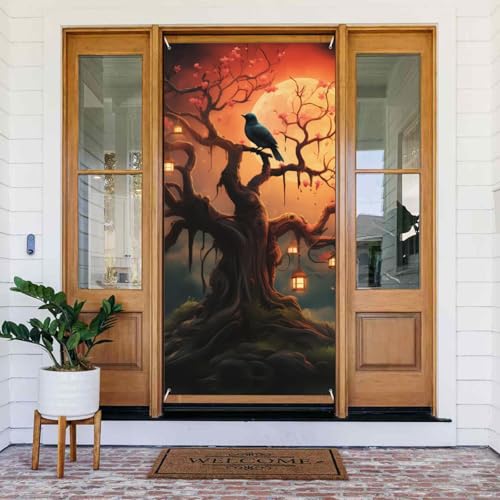 Türabdeckung Geheimnisvoller Baum Vögel Türbanner Willkommens-Türdekoration Hofbanner Schild Foto Hintergrund Veranda Banner Frühling Sommer saisonale Party Dekor Indoor Outdoor Türvorhang 80 x 183 cm von WLKSNBVD