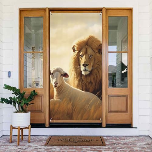 Türabdeckung Löwe Schaf Türbanner Willkommens-Türdekoration Hofbanner Schild Foto Hintergrund Veranda Banner Frühling Sommer saisonale Party Dekor Indoor Outdoor Türvorhang 80 x 183 cm von WLKSNBVD