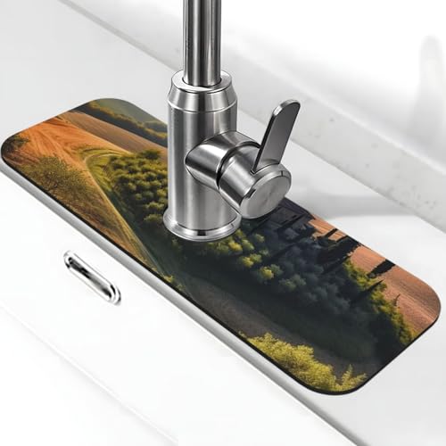 Tuscany Landschaftsbaum-Wasserhahn-Matte für Küchenspüle, super saugfähig, Spritzfänger, Kieselgur, schnell trocknend, Stein, Wasserhahngriff, Tropffänger-Tablett, Matte für Badezimmer, Waschbecken von WLKSNBVD