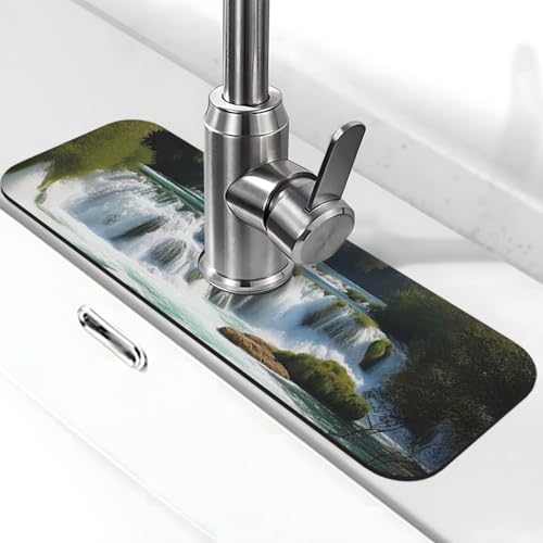 Wasserfälle auf Krka Fluss Wasserhahnmatte für Küchenspüle, super saugfähig, Spritzfänger, Kieselgur, schnell trocknend, Steinhahngriff, Tropffänger-Tablett, Matte für Badezimmer, Waschbecken von WLKSNBVD