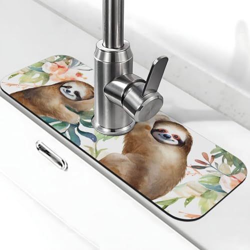 Wasserfarben-Faultier-Wasserhahn-Matte für Küchenspüle, super saugfähig, Spritzfänger, Kieselgur, schnell trocknend, Stein, Wasserhahngriff, Tropffänger-Tablett, Matte für Badezimmer, Waschbecken von WLKSNBVD
