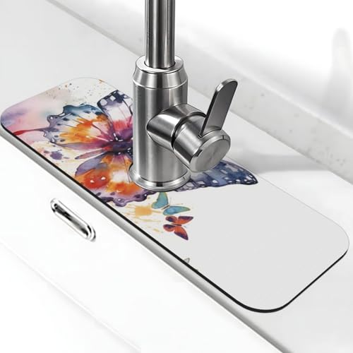 Wasserfarben-Schmetterlings-Wasserhahn-Matte für Küchenspüle, super saugfähig, Spritzfänger, Kieselgur, schnell trocknend, Stein, Wasserhahngriff, Tropffänger-Tablett, Matte für Badezimmer von WLKSNBVD