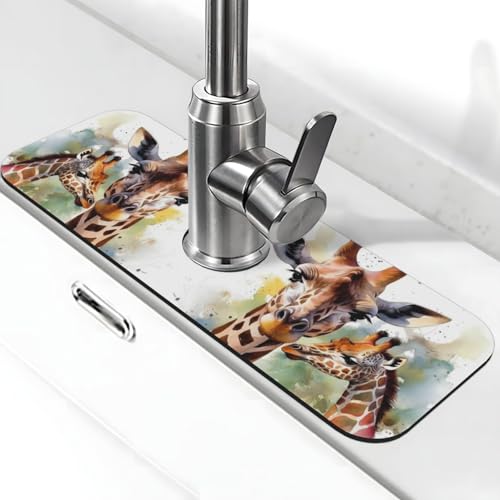 Wasserfarben-Wasserhahn-Matte mit Hirsch-Giraffen-Motiv, super saugfähig, Spritzfänger, Kieselgur, schnell trocknend, Stein-Wasserhahn-Griff, Tropffänger-Tablett, Matte für Badezimmer, Waschbecken von WLKSNBVD