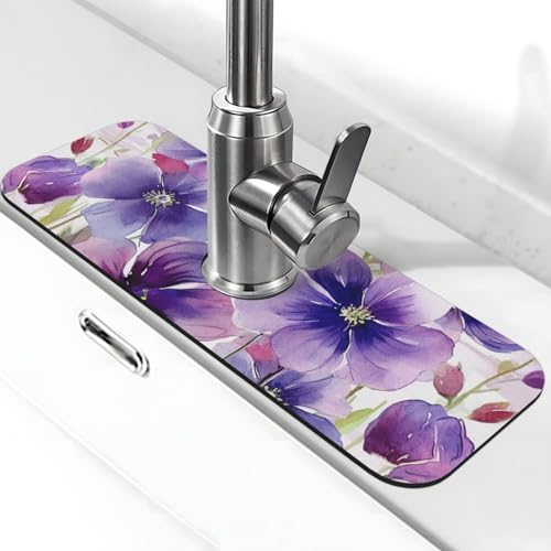 Wasserfarbene, violette Blumen, Wasserhahnmatte für Küchenspüle, super saugfähig, Spritzfänger, Kieselgur, schnell trocknender Stein, Wasserhahngriff, Tropffänger-Tablett, Matte für Badezimmer von WLKSNBVD