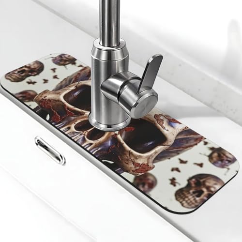 Wasserhahn-Matte mit Totenkopf auf weißem Hintergrund, super saugfähig, Spritzfänger, Kieselgur, schnell trocknend, Stein, Wasserhahngriff, Tropffänger-Tablett, Matte für Badezimmer, Waschbecken von WLKSNBVD