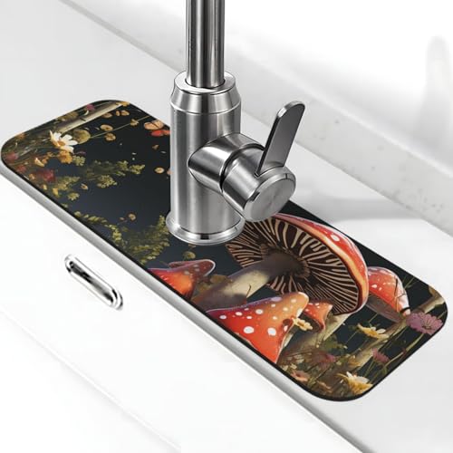 Wasserhahnmatte im Märchenstil, Pilze, für Küchenspüle, super saugfähig, Spritzfänger, Kieselgur, schnell trocknender Stein, Wasserhahngriff, Tropffänger-Tablett, Matte für Badezimmer, Waschbecken von WLKSNBVD