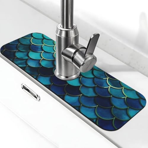 Wasserhahnmatte mit Fischschuppenmuster, super saugfähig, Spritzfänger, Kieselgur, schnell trocknend, Stein, Wasserhahngriff, Tropffänger-Tablett, Matte für Badezimmer, Waschbecken, Trockenpad, 38,1 x von WLKSNBVD
