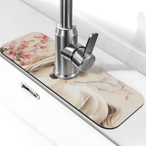 Wasserhahnmatte mit Pferdemotiv für Küchenspüle, super saugfähig, Spritzfänger, Kieselgur, schnell trocknend, Steinhahngriff, Tropffangmatte für Badezimmer, Waschbecken, Trockenpad, 38,1 x 14 cm von WLKSNBVD