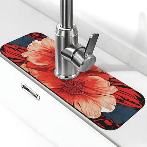 Wasserhahnmatte mit rotem Blumenmuster für Küchenspüle, super saugfähig, Spritzfänger, Kieselgur, schnell trocknender Stein, Wasserhahngriff, Tropffangmatte für Badezimmer, Waschbecken, Abtropfmatte von WLKSNBVD