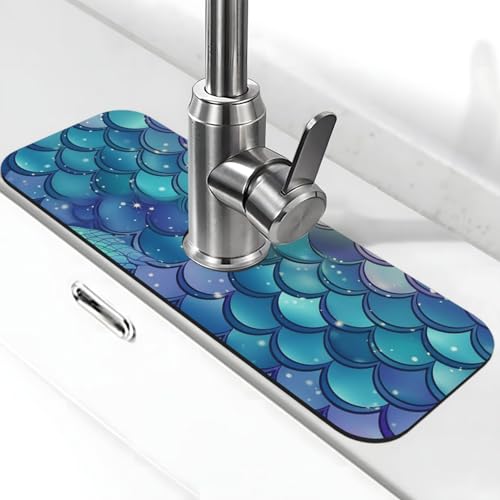 Wasserlilie, Meerjungfrauen-Waage, Wasserhahn-Matte für Küchenspüle, super saugfähig, Spritzfänger, Kieselgur, schnell trocknend, Stein, Wasserhahngriff, Tropffänger-Tablett, Matte für Badezimmer von WLKSNBVD