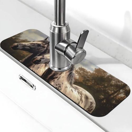 Zwei Pferde-Wasserhahnmatte für Küchenspüle, super saugfähig, Spritzfänger, Kieselgur, schnell trocknend, Stein, Wasserhahngriff, Tropffänger-Tablett, Matte für Badezimmer, Waschbecken, Trockenpad von WLKSNBVD