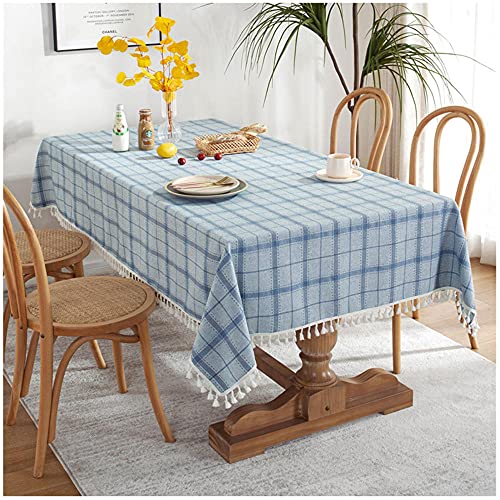 Tischdecke 100x120cm Blau Rechteckige Tischdecke Baumwolle Leinen Waschbare Quasten Tischtuch, Staubdichte Tischdeko für Küche Esszimmer Tisch Speisetisch von WLL
