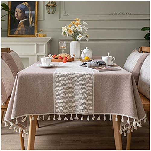 Tischdecke Rechteckige 130x170cm Braun Tischdecken Baumwolle Leinen Abwaschbar Quaste Tischwäsche, Einfache Elegante Tischtuch Tischabdeckung für Home Küche Speisetisch Picknick-Party Dekoration von WLL