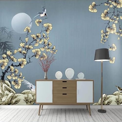 WLLDDDIU Große Selbstklebende Tapete, Blaue Klassische Ginkgo Blumen und Vögel Wandgemälde Abziehen und Aufkleben Chinesischer Stil Kunst Wandverkleidung Wandbilder Vinyl Wohnkultur für Schlafzi von WLLDDDIU
