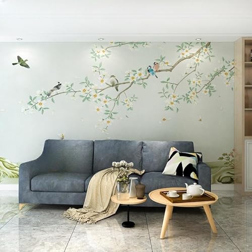 WLLDDDIU Selbstklebendes Wandbild Im Chinesischen Stil, Hellgrün, mit Blumen, Vögeln und Gras, Strukturierte Vliestapete, Abziehbar und Aufklebbar, für Schlafzimmer und Wohnzimmer, 294 X 210 Cm ( von WLLDDDIU