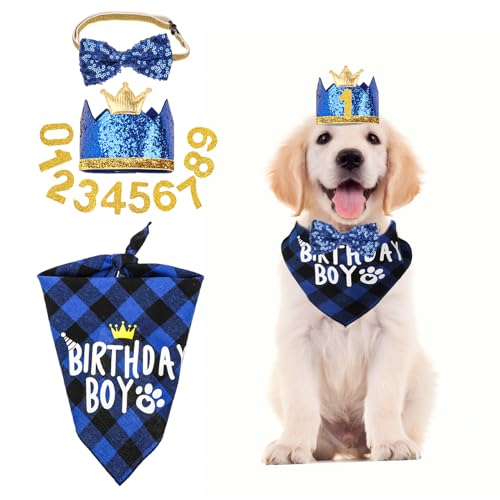 WLLHYF Hunde-Geburtstagsparty-Zubehör niedliches Hunde-Geburtstags-Bandana-Set mit niedlicher Hunde-Fliege Hunde-Geburtstags-Kronenhut mit Zahlen für kleine mittelgroße und große Hunde von WLLHYF