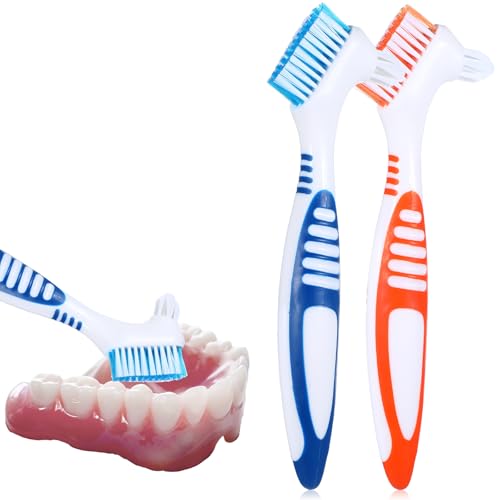 WLLHYF Prothesenbürste Doppelborstenkopf mehrschichtige Borsten weichen Borsten Zahnersatzbürste für die Reinigung von Künstlichen Zähnen Zahnersatz Zahnprothesen Gebiss Retainer(Blau/Orange), 2 Stück von WLLHYF