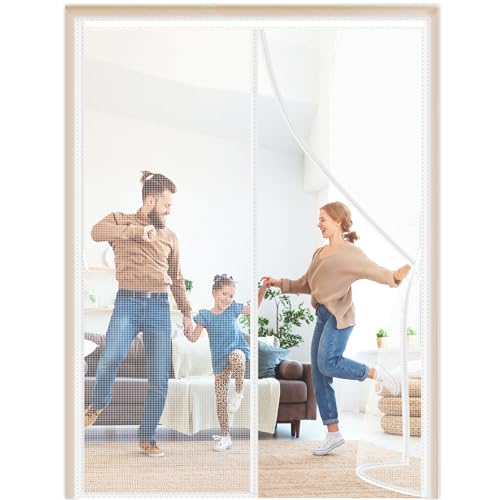 Magnet Fliegengitter Tür Weiß 90x280cm Seitliche Öffnung Magnetische Adsorption Moskitonetz Tür mit Klettband Fliegengitter Automatisch Verschließen Lässt Frische Luft für Schiebetür von WLMLDM