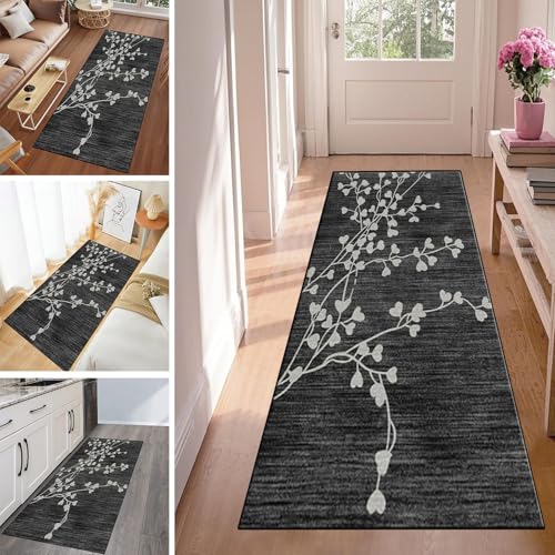 WLNYQF Läufer Flur Küche Waschbar rutschfest 50x150cm Herz Retro Blätter Schwarz Küchenteppich Flurteppich Teppich Fur Korridor Wohnzimmer Schlafzimmer Meterware Anpassbar Breite 40-120cm von WLNYQF