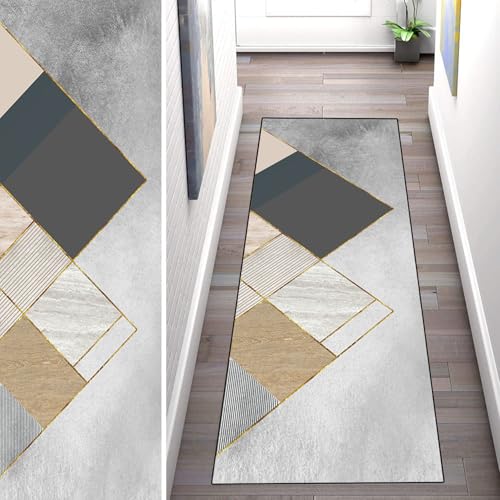 WLNYQF Teppich Läufer Flur Küche 100x200cm,Modern rutschfest Waschbar Küchenläufer Flurläufer,Grau-goldenes Kunstmuster Teppichläufer für Korridor,Schlafzimmer,Innen Wohnzimmer von WLNYQF