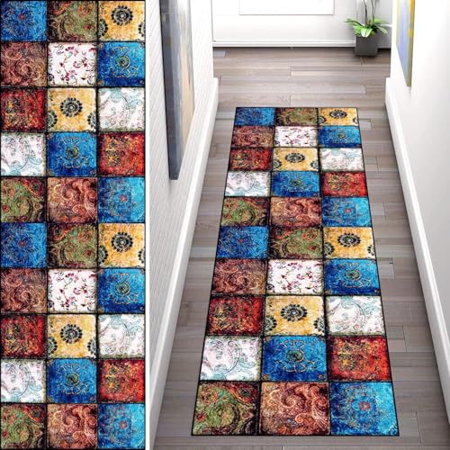 WLNYQF Teppich Läufer Flur Küche 100x380cm,Modern rutschfest Waschbar Küchenläufer Flurläufer,Bohemischer Stil Blau Teppichläufer für Korridor,Schlafzimmer,Innen Wohnzimmer von WLNYQF