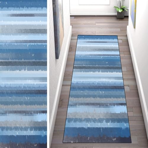 WLNYQF Teppich Läufer Flur Küche 100x400cm,Modern rutschfest Waschbar Küchenläufer Flurläufer,Böhmischer Stil - Blau Teppichläufer für Korridor,Schlafzimmer,Innen Wohnzimmer von WLNYQF