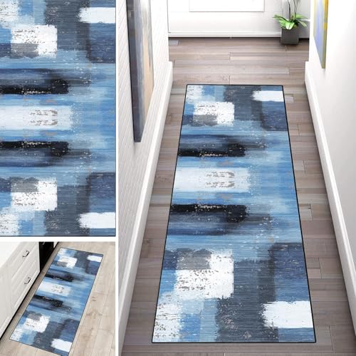 WLNYQF Teppich Läufer Flur Küche 100x600cm,Modern rutschfest Waschbar Küchenläufer Flurläufer,Blaue Kreissymmetrie Teppichläufer für Korridor,Schlafzimmer,Innen Wohnzimmer von WLNYQF