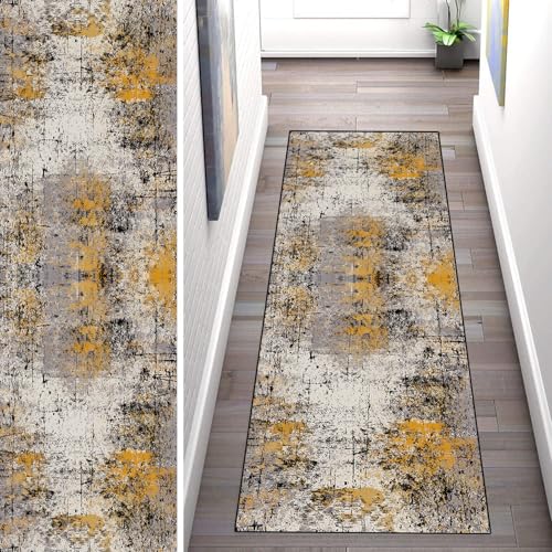 WLNYQF Teppich Läufer Flur Küche 110x300cm,Modern rutschfest Waschbar Küchenläufer Flurläufer,Goldschwarzes Kunstmuster Teppichläufer für Korridor,Schlafzimmer,Innen Wohnzimmer von WLNYQF