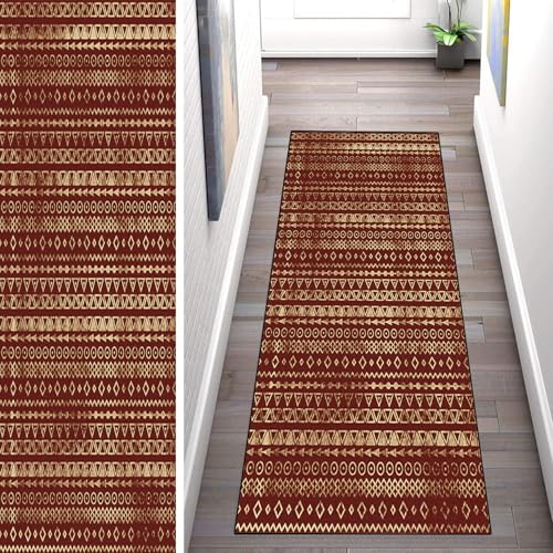 WLNYQF Teppich Läufer Flur Küche 110x350cm,Modern rutschfest Waschbar Küchenläufer Flurläufer,Böhmischer Stil - Rot Gelb Teppichläufer für Korridor,Schlafzimmer,Innen Wohnzimmer von WLNYQF