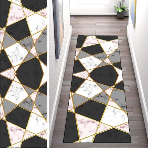 WLNYQF Teppich Läufer Flur Küche 110x400cm,Modern rutschfest Waschbar Küchenläufer Flurläufer,Schwarz-Grau-Weiß-Fragment-Splice-Muster Teppichläufer für Korridor,Schlafzimmer,Innen Wohnzimmer von WLNYQF