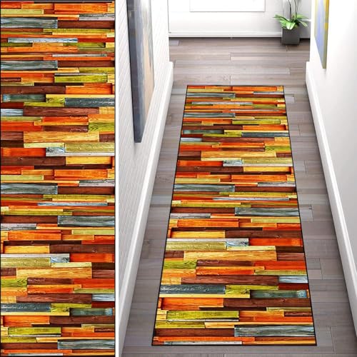 WLNYQF Teppich Läufer Flur Küche 110x500cm,Modern rutschfest Waschbar Küchenläufer Flurläufer,Gelb-braune Holzplattenmuster Teppichläufer für Korridor,Schlafzimmer,Innen Wohnzimmer von WLNYQF