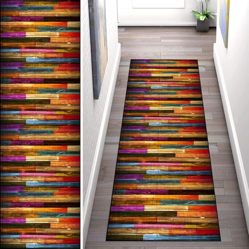 WLNYQF Teppich Läufer Flur Küche 120x450cm,Modern rutschfest Waschbar Küchenläufer Flurläufer,Rotbraune Holzplatte Teppichläufer für Korridor,Schlafzimmer,Innen Wohnzimmer von WLNYQF