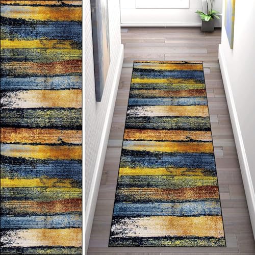 WLNYQF Teppich Läufer Flur Küche 120x500cm,Modern rutschfest Waschbar Küchenläufer Flurläufer,Blau-gelbe Holzplattenmuster Teppichläufer für Korridor,Schlafzimmer,Innen Wohnzimmer von WLNYQF