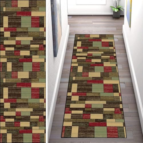 WLNYQF Teppich Läufer Flur Küche 120x550cm,Modern rutschfest Waschbar Küchenläufer Flurläufer,Grün-Braun-Schnittmuster Teppichläufer für Korridor,Schlafzimmer,Innen Wohnzimmer von WLNYQF