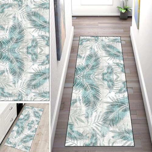 WLNYQF Teppich Läufer Flur Küche 120x550cm,Modern rutschfest Waschbar Küchenläufer Flurläufer,Grünes Blattmuster Teppichläufer für Korridor,Schlafzimmer,Innen Wohnzimmer von WLNYQF