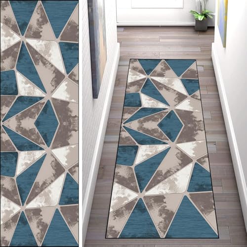 WLNYQF Teppich Läufer Flur Küche 120x600cm,Modern rutschfest Waschbar Küchenläufer Flurläufer,Blau-Grau-Braun-Fragment-Splice-Muster Teppichläufer für Korridor,Schlafzimmer,Innen Wohnzimmer von WLNYQF