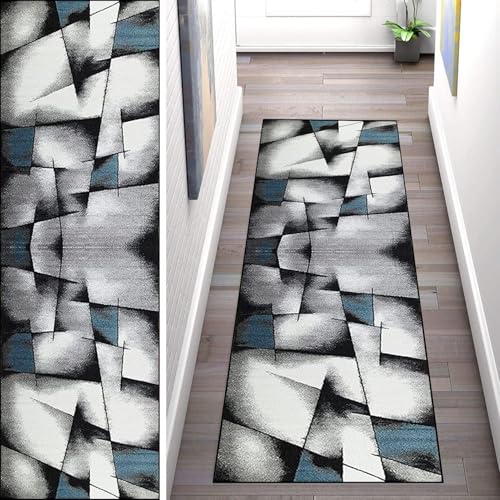 WLNYQF Teppich Läufer Flur Küche 120x600cm,Modern rutschfest Waschbar Küchenläufer Flurläufer,Blau-Grau-Fragment-Splice-Muster Teppichläufer für Korridor,Schlafzimmer,Innen Wohnzimmer von WLNYQF